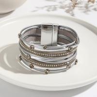 PU Leather Cord Bracelets, with Magnet, multilayer & for woman & with rhinestone, silver color, 30mm Approx 7.67 Inch 