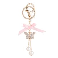 Rhinestone Zinc Alloy Key Chain, with Cloth & Plastic Pearl, Butterfly, gold color plated, for woman & with rhinestone 