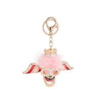 Rhinestone Zinc Alloy Key Chain, with Plush, Skull, gold color plated, for woman & enamel & with rhinestone 