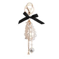 Rhinestone Zinc Alloy Key Chain, with Cloth & Plastic Pearl, Alphabet Letter, gold color plated, for woman & with rhinestone 