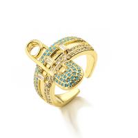 Cubic Zirconia Micro Pave Brass Finger Ring, Safety Pin, real gold plated, micro pave cubic zirconia & for woman [