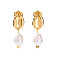 Freshwater Pearl Drop Earring, 304 Stainless Steel, with Freshwater Pearl, 18K gold plated, fashion jewelry & for woman 