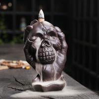 Incense Smoke Flow Backflow Holder Ceramic Incense Burner, Purple Clay, Skull, half handmade, Halloween Design & for home and office & durable 