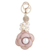 Rhinestone Zinc Alloy Key Chain, with Cloth & Plastic Pearl, Rose, gold color plated, for woman & with rhinestone 