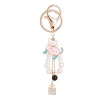 Rhinestone Zinc Alloy Key Chain, with Plastic Pearl, Cat, gold color plated, for woman & enamel & with rhinestone 170mm 
