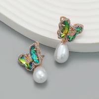 Plastic Pearl Zinc Alloy Earring, with acrylic rhinestone & Plastic Pearl, Butterfly, fashion jewelry & for woman 