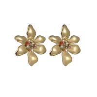 Stainless Steel Rhinestone Stud Earring, 304 Stainless Steel, with Plastic Pearl, Flower, 14K gold plated, for woman & with rhinestone [