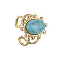 Gemstone Stainless Steel Finger Ring, 304 Stainless Steel, with turquoise, gold color plated, adjustable & for woman & hollow, US Ring 