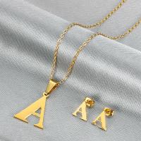 Fashion Stainless Steel Jewelry Sets, 304 Stainless Steel, Stud Earring & necklace, Letter A, gold color plated, 2 pieces & fashion jewelry & for woman, golden [