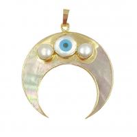 Fashion Evil Eye Pendant, Brass, with Shell & Freshwater Pearl, Moon, gold color plated, DIY & evil eye pattern, 44.69mm 