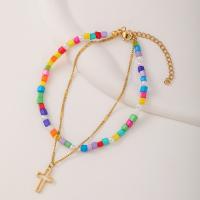 Fashion Jewelry Anklet, 304 Stainless Steel, with Seedbead, Cross, plated, Double Layer & for woman, 75mm 