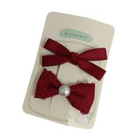 Alligator Hair Clip, Lace, with Polyester and Cotton & Plastic Pearl & Iron, Bowknot, 2 pieces & for children, red, 50-60mm [