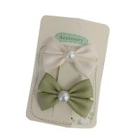 Alligator Hair Clip, Polyester and Cotton, with Plastic Pearl & Iron, Bowknot, 2 pieces & for children, mixed colors, 50mm 