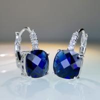 Cubic Zircon Brass Earring, with Cubic Zirconia, Square, silver color plated, fashion jewelry & for woman, blue 