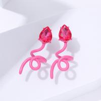 Cubic Zircon Brass Earring, with Cubic Zirconia, fashion jewelry & for woman & enamel, pink 