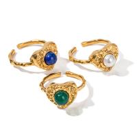 Gemstone Stainless Steel Finger Ring, 304 Stainless Steel, with Lapis Lazuli & Shell Pearl & Green Agate, 18K gold plated, fashion jewelry & Unisex 