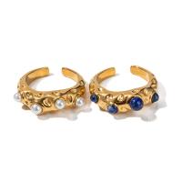Gemstone Stainless Steel Finger Ring, 304 Stainless Steel, with Lapis Lazuli & Shell Pearl, 18K gold plated, fashion jewelry & Unisex 