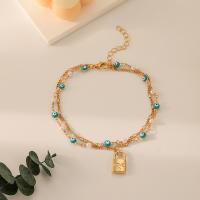 Brass Anklet, with Plastic Pearl, with 5cm extender chain, Lock, plated, Double Layer & fashion jewelry & for woman, gold Approx 22 cm 