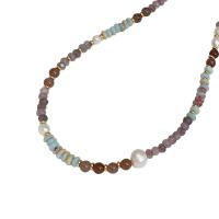Чип Gemstone пресноводных жемчужное ожерелье, Природный камень, с Пресноводные жемчуги & Латунь, с 5CM наполнитель цепи, Связанный вручную, ювелирные изделия моды & Женский, разноцветный, длина:Приблизительно 39 см, продается PC
