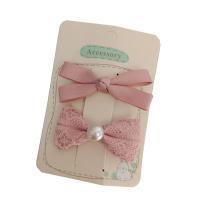 Alligator Hair Clip, Lace, with Polyester and Cotton & Plastic Pearl & Iron, Bowknot, 2 pieces & for children, pink, 50-60mm 