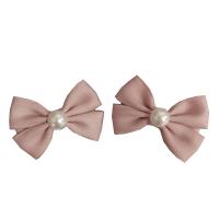 Alligator Hair Clip, Polyester and Cotton, with Plastic Pearl & Iron, Bowknot, 2 pieces & for children, pink, 50mm 