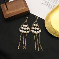 Freshwater Pearl Brass Earring, with Brass, 18K gold plated, fashion jewelry & for woman & with rhinestone, 100mm 