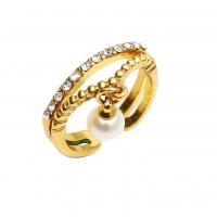 Rhinestone Zinc Alloy Finger Ring, with Plastic Pearl, gold color plated, fashion jewelry & for woman & with rhinestone, golden [