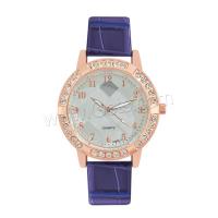Women Wrist Watch, PU Leather, with Glass & 304 Stainless Steel & Zinc Alloy, Round, rose gold color plated, fashion jewelry & Chinese movement & for woman & with rhinestone Approx 240 mm 