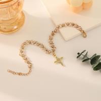 Brass Anklet, with Plastic Pearl, with 5cm extender chain, Cross, plated, fashion jewelry & for woman & with rhinestone Approx 22 cm 