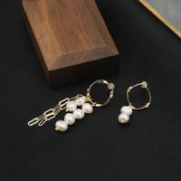 Boucles d'oreilles asymétriques, perle d'eau douce cultivée, avec laiton, Plaqué or 18K, bijoux de mode & pour femme, 6cm,3cm, Vendu par paire