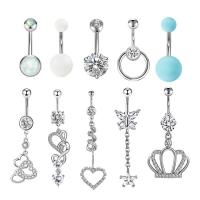 304 Stainless Steel Belly Ring, silver color plated, 6 pieces & fashion jewelry & Unisex & with cubic zirconia, two different colored, 1.6*10*5/8mm [
