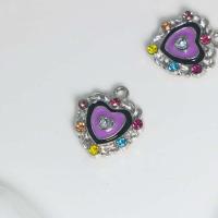 Zinc Alloy Rhinestone Pendants, Heart, silver color plated, DIY & enamel & with rhinestone, purple [
