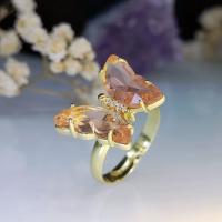 Кубическое цирконовое латунное кольцо, Латунь, с кубический цирконий, бабочка, плакирован золотом, Регулируемый & ювелирные изделия моды & Женский & граненый, шампанское внутренний диаметр:Приблизительно 18mm, продается PC