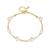 Fashion Jewelry Anklet, Titanium Steel, with Plastic Pearl, with 1.57inch extender chain, plated, Double Layer & for woman, golden Approx 7.87 Inch 