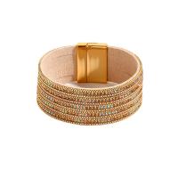 PU Leather Cord Bracelets, with Magnet, plated, fashion jewelry & Unisex & with rhinestone, golden, 27mm Approx 7.67 Inch [