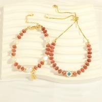 Brass Bracelets, with Rhodochrosite & Plastic Pearl, gold color plated, fashion jewelry & for woman, golden Approx 6.3-8.66 Inch 