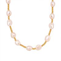 Natural Freshwater Pearl Necklace, Titanium Steel, with Freshwater Pearl, with 3.15inch extender chain, 18K gold plated, fashion jewelry & for woman, golden Approx 14.96 Inch 