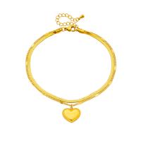 Fashion Jewelry Anklet, Titanium Steel, with 1.97inch extender chain, Heart, plated, Double Layer & for woman, golden, 15mm Approx 7.87 Inch 