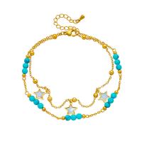 Fashion Jewelry Anklet, Titanium Steel, with turquoise, with 1.97inch extender chain, plated, Double Layer & for woman, golden Approx 7.87 Inch 