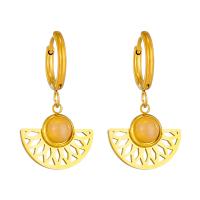 Titanium Steel Earrings, with Natural Stone, plated, fashion jewelry & for woman, golden [