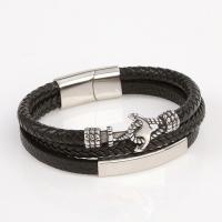 PU Leather Cord Bracelets, 304 stainless steel magnetic clasp, Anchor, vintage & for man, black .5 cm [