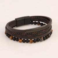 PU Leather Cord Bracelets, with Natural Stone & 304 Stainless Steel & Zinc Alloy, plumbum black color plated, vintage & for man [