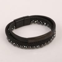 PU Leather Cord Bracelets, with 304 Stainless Steel & Zinc Alloy, plumbum black color plated, vintage & for man, black cm 
