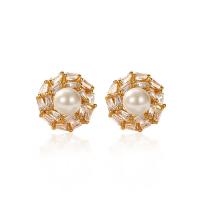 Sterling Silver Stud Earring, 925 Sterling Silver, with Plastic Pearl, plated, micro pave rhinestone & for woman 10mm [