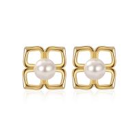 Sterling Silver Stud Earring, 925 Sterling Silver, with Plastic Pearl, Four Leaf Clover, plated, for woman 8mm 