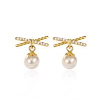 Sterling Silver Stud Earring, 925 Sterling Silver, with Plastic Pearl, plated, micro pave rhinestone & for woman 13mm 
