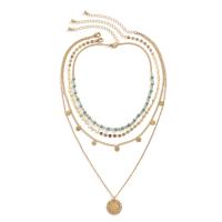 Fashion Multi Layer Necklace, Iron, with brass chain & turquoise & Zinc Alloy, with 2.7inch extender chain, Flat Round, gold color plated, multilayer & for woman Approx 13.7 Inch 