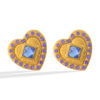 Stainless Steel Stud Earring, 304 Stainless Steel, with Lampwork, Heart, plated, micro pave rhinestone & for woman, golden [