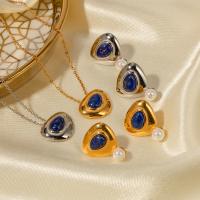 Fashion Stainless Steel Jewelry Sets, 304 Stainless Steel, with Lapis Lazuli & Plastic Pearl, with 1.97inch extender chain, Vacuum Ion Plating, fashion jewelry & for woman 17.8*21.4mm,17.7*15.5mm Approx 16.54 Inch [