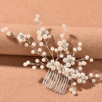 Decorative Hair Combs, Iron, with Plastic Pearl, fashion jewelry & for woman & with rhinestone, white 